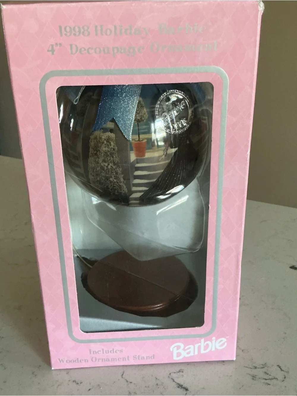 Vintage 1998 Barbie holiday Christmas decoupage ornament 4” globe wooden stand